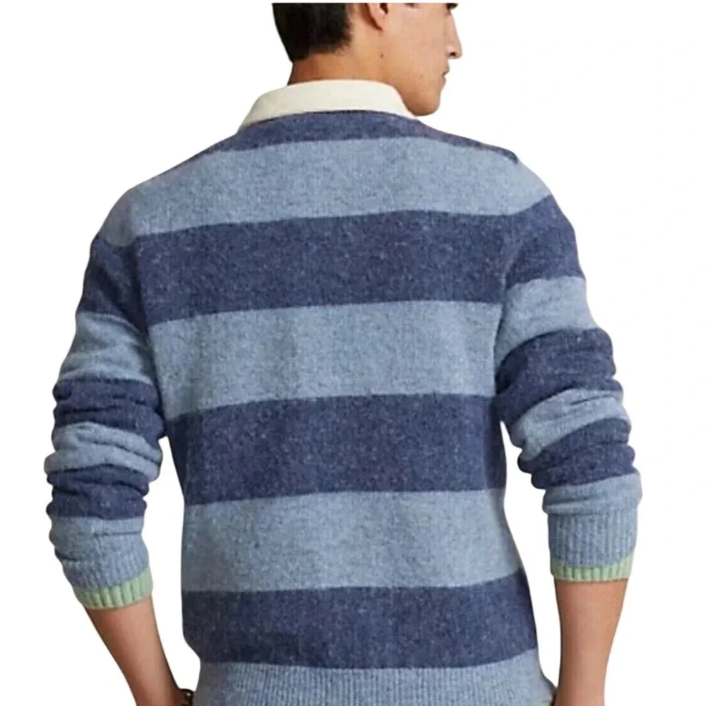 Ralph Lauren Rugby Stripe Sweater Cream Collar Blue Navy Mens XL RARE NWT‎ AS IS